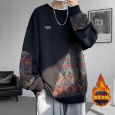 批发【大码男装国潮卫衣加绒新中式新潮大码刺绣大码圆领百搭休闲上衣