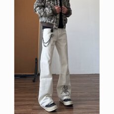 批发【牛仔裤刺绣绑带巴鲁米微喇男美式高街vibe喇叭修身工装裤子<b class='q'>冬</b>季