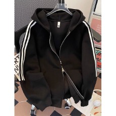 批发【消光华棉美式潮流坊三条杠连帽卫衣外套<b class='q'>春</b>宽松插肩袖拉链开衫