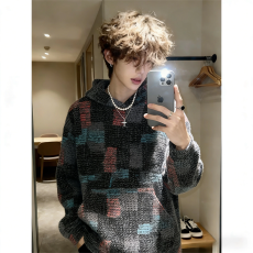 批发【高质量连帽卫衣】彩色潮乐汇格子针织卫衣男春秋<b class='q'>冬</b>重磅毛绒外套
