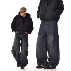 美式加州水洗弯刀牛仔裤男女痞帅炸街设计感宽松休闲直筒阔腿裤子