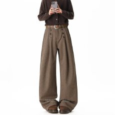 潮流十八复古老钱细条纹纽扣压褶西裤男女宽松直筒简约通勤休闲裤