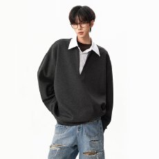 批发复古101号美式小众设计翻领撞色假两件长袖个性高质感极简卫衣男