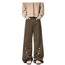 批发美式潮人邦扣子弯刀裤牛仔裤男宽松垂感休闲阔腿裤设计拖地裤长裤