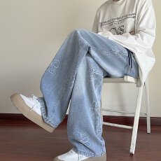 批发松紧腰】涂鸦设计阁遇牛仔裤男青年宽松直筒裤春夏长款拖地休闲裤