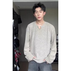 批发原版磨毛条】肌理感常青树小V领长袖t恤男老钱正肩卫衣内搭打底衫