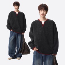 批发高质量百花绒】假两件神秘V领毛衣男春拼色针织衫慵懒风休闲内搭