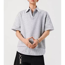 批发假两件p0l0衫曼巴棉】条纹揭<b class='q'>潮</b>坊短袖t恤男宽松小众休闲百搭上衣
