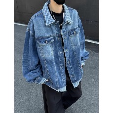 批发假两件牛仔外套】格纹SEC拼接<b class='q'>夹克</b>男装春秋<b class='q'>休闲</b>垂感毛边翻领外套