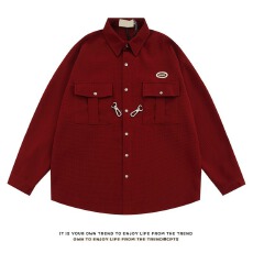 批发华夫格衬衫】美式上上签春秋宽松休闲复古学院翻领长袖工装外套男