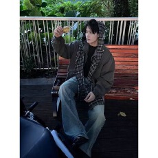 批发假两件拼接格子披肩】外套前卫焦点男女春秋宽松异形帽夹克潮百搭