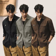 批发复古合嘉馨简约时尚男士翻领开衫口袋装饰休闲春秋装新款<b class='q'>衬衫</b>上衣