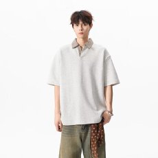 批发曼巴棉p0l0衫假两件揭潮坊高质格纹翻领POLO衫男宽松通勤上衣潮