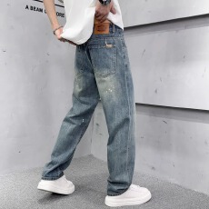 批发【泼墨牛仔裤】美式高街班复古水洗直筒裤男春<b class='q'>秋</b>宽松痞帅阔腿长裤