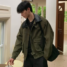 批发麂皮绒复合400克有内袋】翻领黑衣夹克<b class='q'>男</b>春秋宽松加厚休闲外套潮