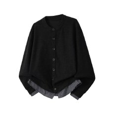 批发假两件毛衣】日系二浩拼接格子开衫毛衣男女宽松<b class='q'>情侣</b><b class='q'>针织</b>外套上衣