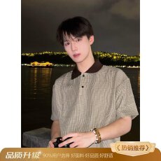 批发千鸟格p0l0衫】夏季<b class='q'>男士</b>揭潮坊撞色<b class='q'>翻领</b>短袖商务休闲时尚百搭<b class='q'>T</b><b class='q'>恤</b>