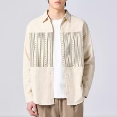 批发复古条纹拼接衬衫】春<b class='q'>秋</b>凯尊度男宽松休闲工装开衫翻领衬衣式外套