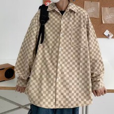 批发灯芯绒衬衫】棋盘凯尊度男长袖春秋<b class='q'>冬</b>衬衣韩版痞帅气高级ins港风