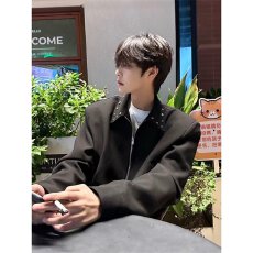 带垫肩夹克男潮乐汇春秋格子内衬休闲外套ins美式立领上衣服