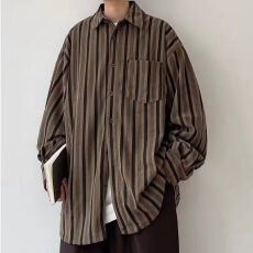 衬衫美式凯尊度竖条纹工装宽松衬衣男士春秋单口袋百搭叠穿上衣