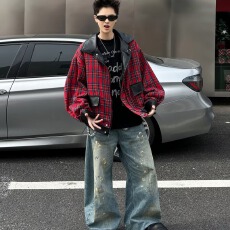 批发PU皮双面穿】美式韦爵森春秋冬复古皮外套男宽松潮牌格子拼接<b class='q'>夹克</b>