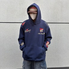 批发华棉复合350克刺绣】美式黑衣连帽卫衣男女春宽松街头风套头卫衣