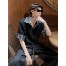 批发休闲揭潮坊假两件polo衫短袖男上衣青少年宽松美式潮牌半袖T恤夏