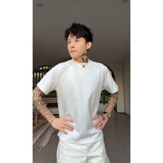 批发曼巴棉】夏季揭潮坊简约圆领短袖T恤男士轻奢百搭休闲拼接半袖男