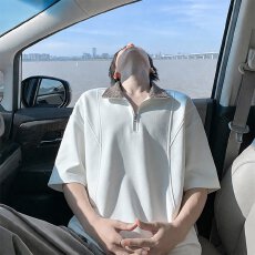 批发半拉链揭潮坊华夫格短袖polo衫男夏潮牌美式衣服宽松重磅半袖t恤