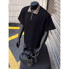 批发短袖揭潮坊拉链夏季复古撞色格纹翻领POLO衫男装假两件宽松上衣