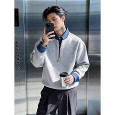 批发假两件正色半拉链翻领卫衣男女春<b class='q'>秋</b>学院风撞色拼接套头外套上衣