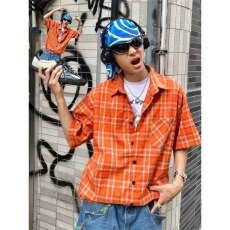 批发口袋铆钉<b class='q'>衬衫</b>】格纹凯尊度短袖<b class='q'>男</b>女宽松百搭休闲高街新款情侣<b class='q'>衬衣</b>