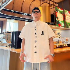 批发刺绣】Polo领上上签<b class='q'>衬衫</b><b class='q'>男</b>女短袖夏季宽松潮流学院风宽松百搭<b class='q'>衬衣</b>