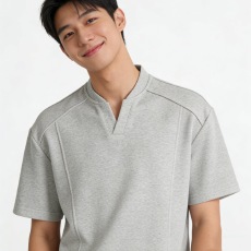 批发曼巴棉】解构揭潮坊设计感纯色小v领短袖T恤男宽松简约休闲上衣潮