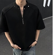 批发垫肩包领 太空棉】柳钉鹿野亨利领短袖男夏季半拉链半袖设计感t恤