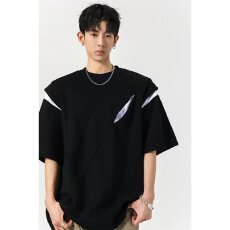 批发CVC领口有垫肩】夏季鹿野短袖t恤男拼接设计感美式高级感半袖T恤