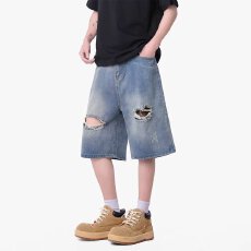 批发破洞<b class='q'>牛仔</b>】夏季浩威复古做旧水洗<b class='q'>短裤</b><b class='q'>男</b>女宽松高街直筒休闲五分裤