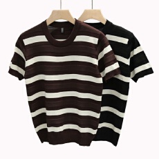 批发针织衫】夏季衣方天地修身针织衫上衣圆领t恤男休闲条纹男士短袖