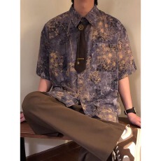 批发衬衫】夏季凯尊度复古宽松国风新中式蒲公英印花短袖衬衫上衣男女