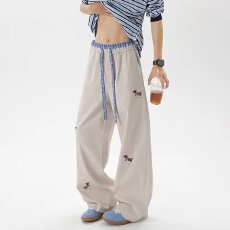 批发【骑兵斜刺绣小狗<b class='q'>休闲裤</b>京抖猫<b class='q'>男</b>夏季复古直筒小众宽松阔腿长裤