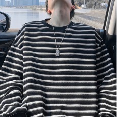 批发【<b class='q'>长袖</b><b class='q'>T</b>2026二浩春秋季复古条纹圆领<b class='q'>男</b>女潮牌情侣宽松百搭上衣