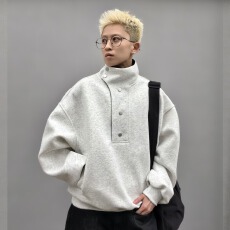 批发美式<b class='q'>潮</b>男重磅纽扣立领运动卫衣男2026春季高级感宽松百搭休闲上衣