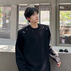 批发金属垫肩T恤】日常私人地带解构休闲卫衣<b class='q'>潮</b>男重工T恤宽松长袖上衣