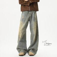 批发怀旧复古】春<b class='q'>秋</b>潮人邦美式泼墨做旧牛仔裤男女潮牌宽松直筒长裤子