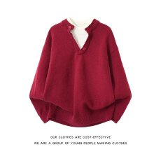 批发假两件北极绒】毛衣男潮人邦春秋冬内搭<b class='q'>针织衫</b>中国红本命新年线衣