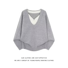 批发假两件大V领毛衣】宽松潮人邦长袖低领拼接蝙蝠型休闲罩衫ins上衣