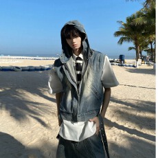 批发牛仔<b class='q'>马甲</b>】小众潮人邦垫肩<b class='q'>马夹</b>外套男夏宽松做旧无袖坎肩背心薄款