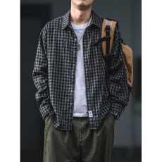 批发涤棉格】美式凯尊度翻领<b class='q'>衬衫</b><b class='q'>男</b><b class='q'>长袖</b>宽松通勤日系休闲外套<b class='q'>衬衣</b>潮流