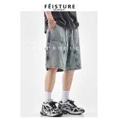 批发日系亿牛轻解构石磨水洗牛仔短裤<b class='q'>男士</b>夏季宽松高级感休闲五分<b class='q'>裤子</b>